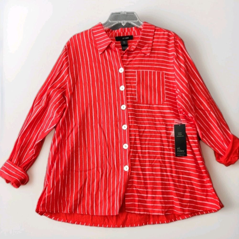 Ali Miles Shirt Top Women PXL Art To Wear Button Festival Linen Red White Stripe